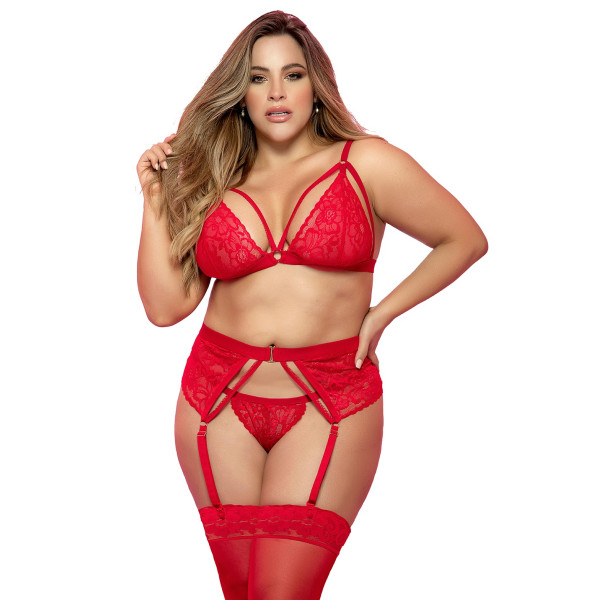 Ensemble, grande taille, trois pièces en dentelle rouge - MAL8561XRED