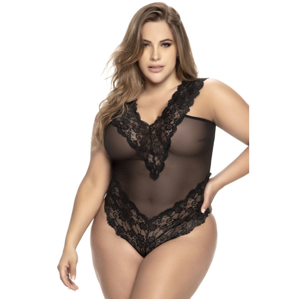 Body string grande taille, en dentelle et résille noire à laçage dans le dos - MAL8690XBLK