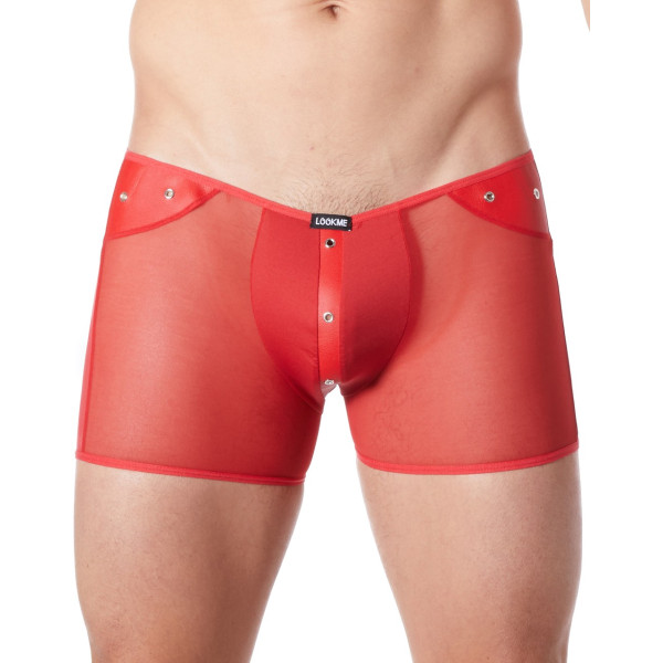 Boxer rouge sexy maille transparente et bande style cuir - LM807-67RED