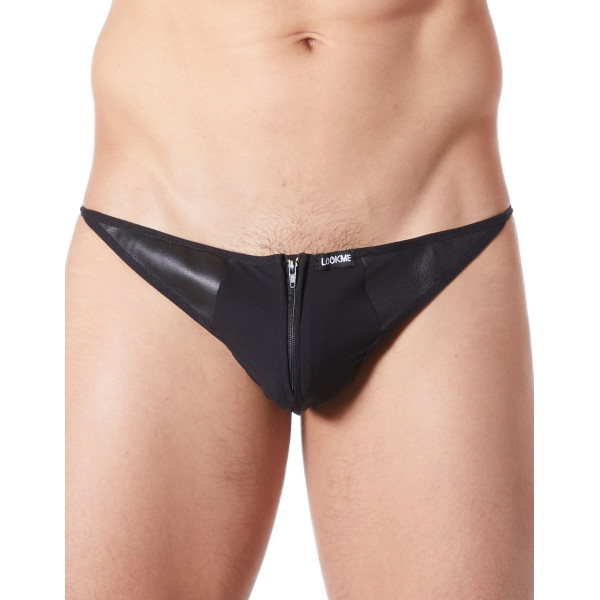 String noir sexy avec fermeture éclair et côtés style cuir - LM813-57BLK