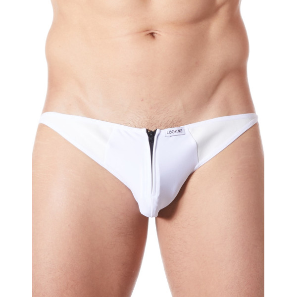 Slip brief blanc sexy avec fermeture éclair et côtés style cuir dos transparent - LM813-61WHT