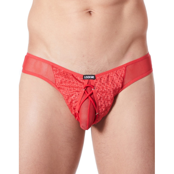 String rouge sexy fine maille transparente doublure opaque et lacet - LM899-05RED